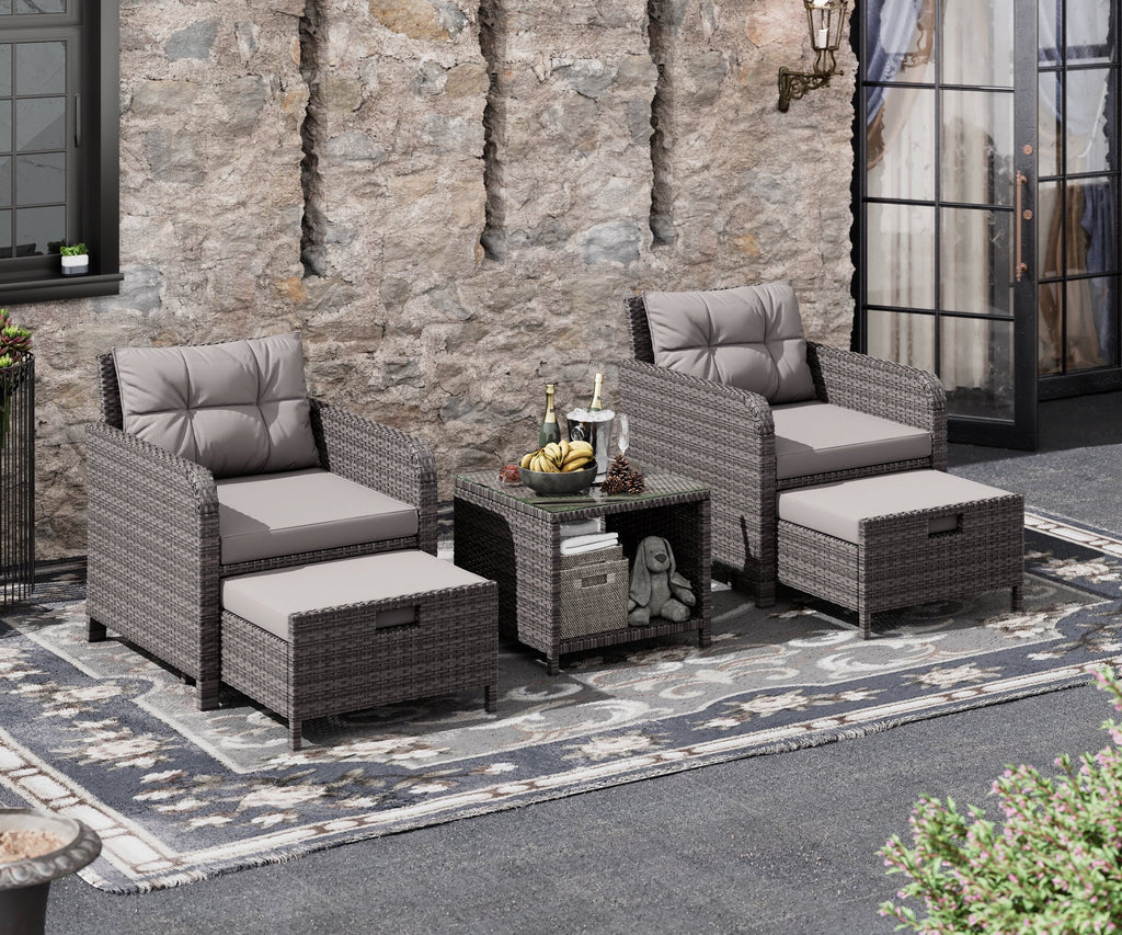 5 Piece PE Wicker Patio Conversation Set with Cushions and Glass Table K7449