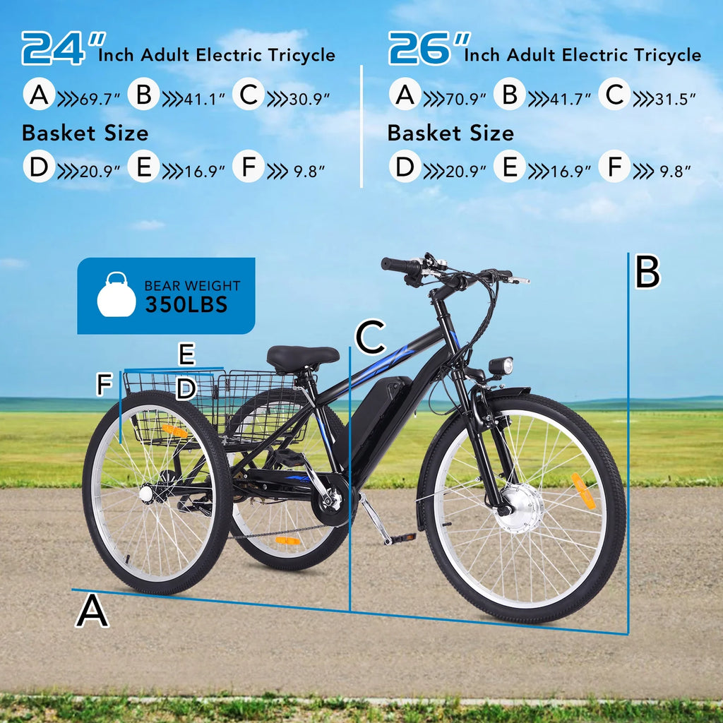 Electric Tricycle, 50 MI Long Range, 350W 36V 10AH Step-Thru, 3 Wheel Fat Tire, Black N38640