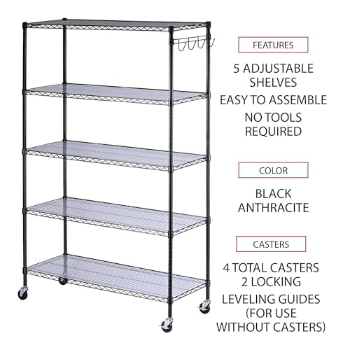 5-Shelf Wire Shelving Kit with Casters and Shelf Liners, Black Anthracite F30140