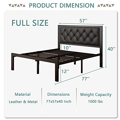 Full Size Black Metal Platform Bed Frame with Faux Leather Tufted Headboard M495250