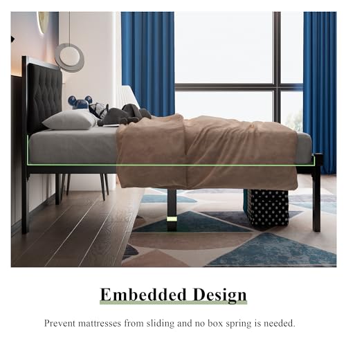 Full Size Black Metal Platform Bed Frame with Faux Leather Tufted Headboard M495250