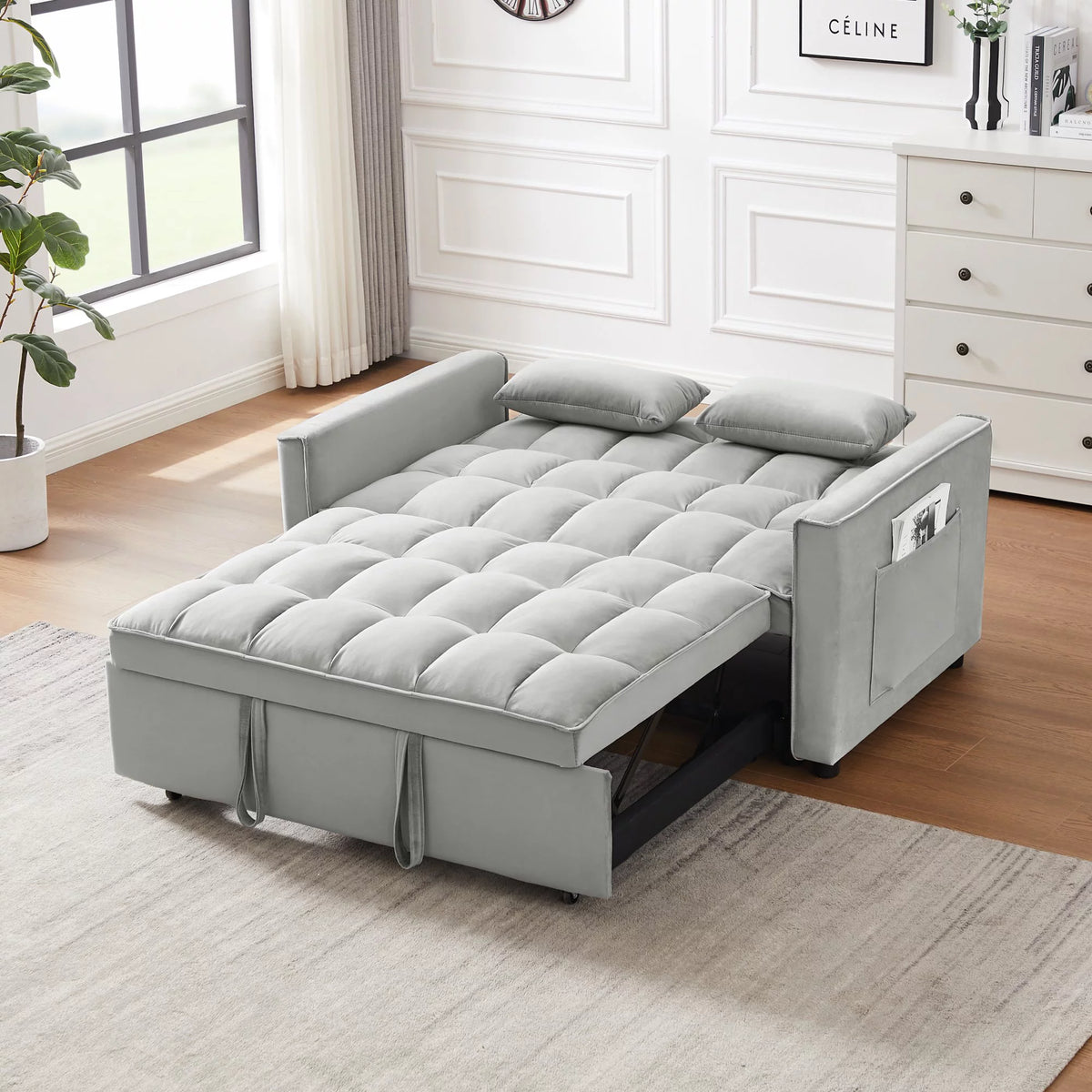 Velvet Convertible Sleeper Sofa Bed with 2 Lumbar Pillows E924342