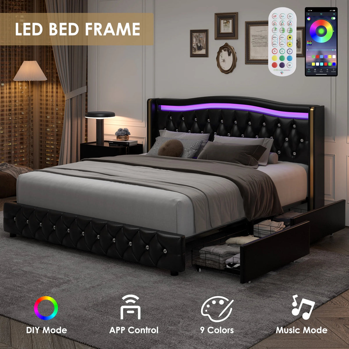 White Queen Size LED Platform Bed with 4 Storage Drawers M534