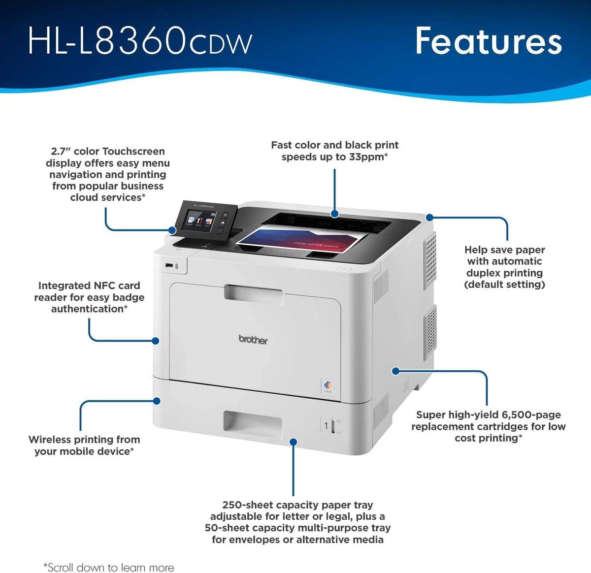 Color Laser Printer, 33 ppm, Auto 2-Sided Printing W933