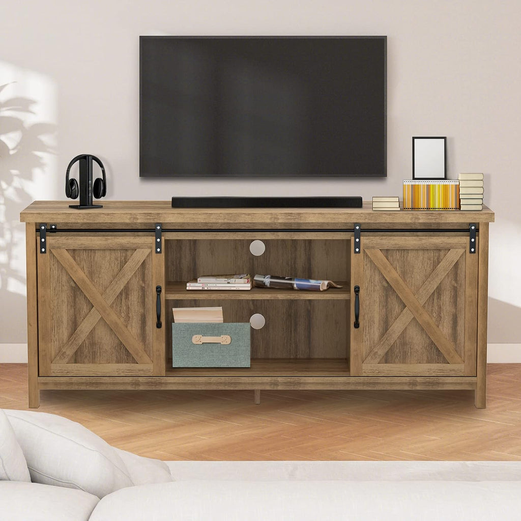 Farmhouse TV Stand with Sliding Barn Doors, Grey W707947