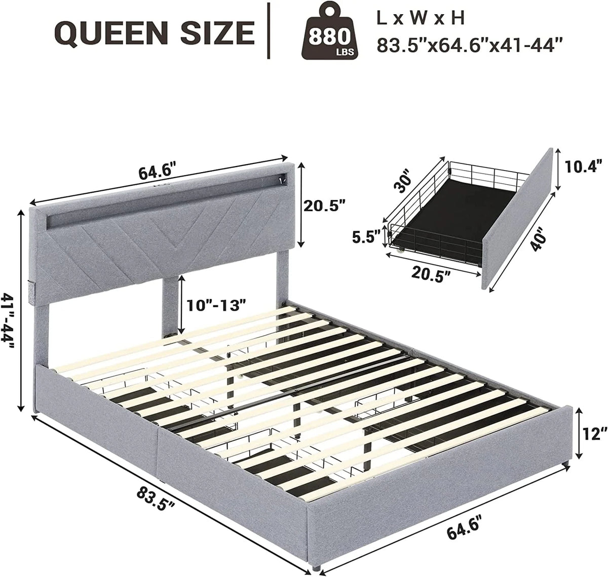Queen Bed Frame with LED Lights Headboard, 4 Drawers, 2 USB Charging Station, Upholstered Platform Bed, Dark Gray Z366330