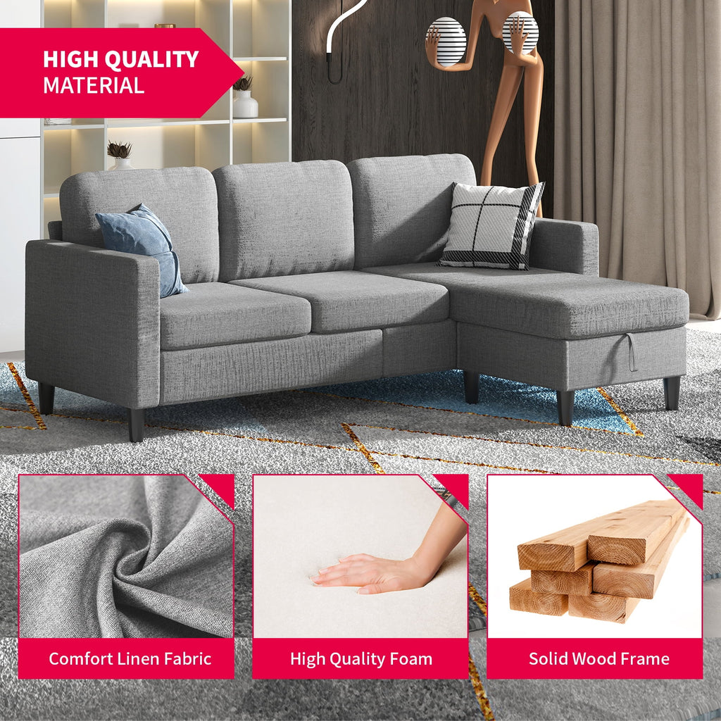 Beige Linen Sectional Sofa with Storage Ottoman L393