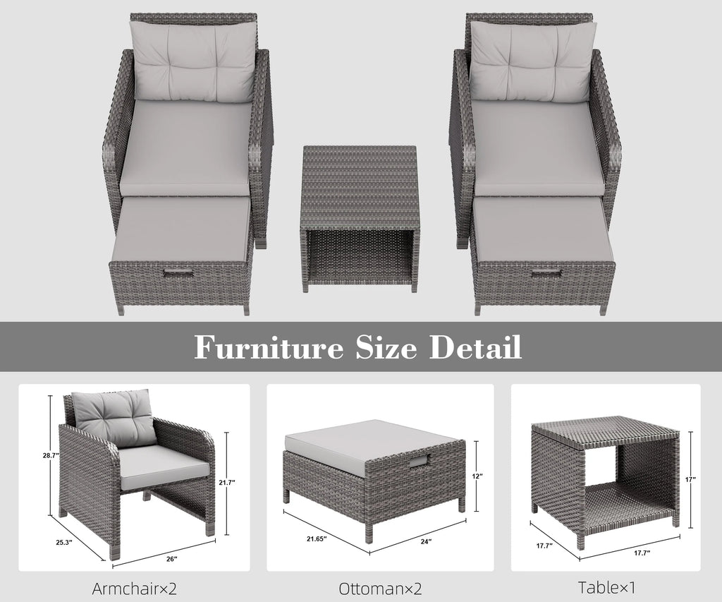 5 Piece PE Wicker Patio Conversation Set with Cushions and Glass Table K7449