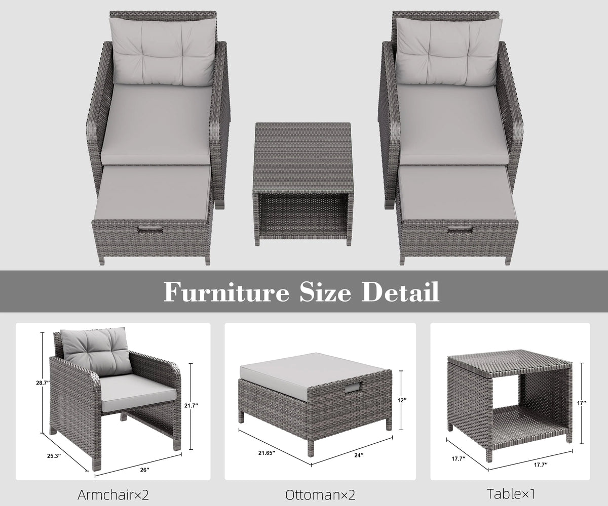 5 Piece PE Wicker Patio Conversation Set with Cushions and Glass Table K7449