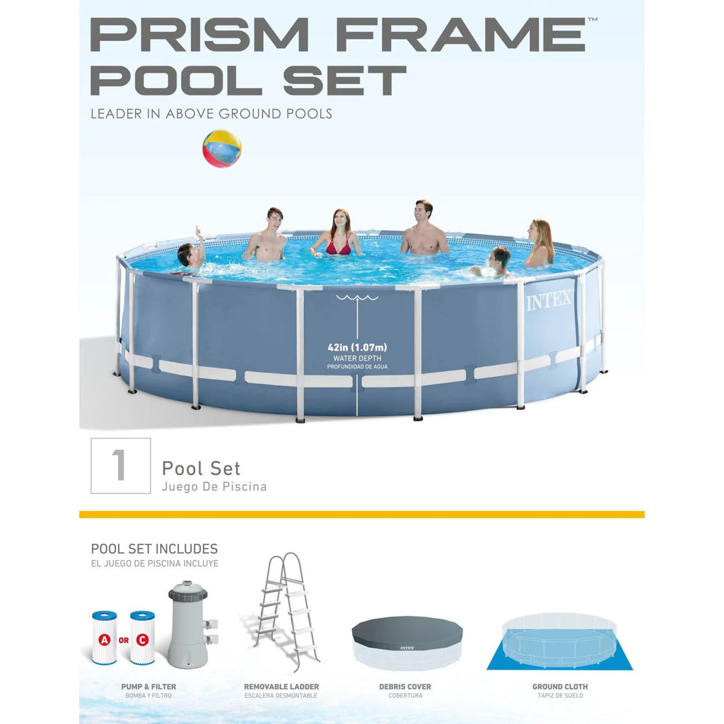 15 Feet x 48 Inches Prism Frame Swimming Pool Set with Ladder, Cover, and Pump E23747