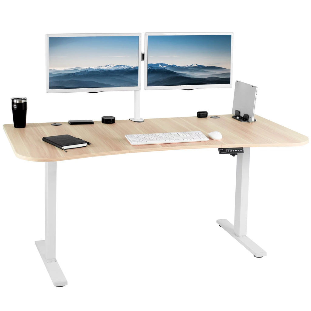 Electric 63” x 32” Stand Up Desk, Light Wood 3 Part Table Top, White Frame V472003