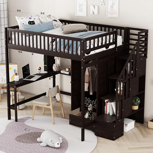 Full Size Espresso Wood Loft Bed with Wardrobe Desk Storage Stairs R45818