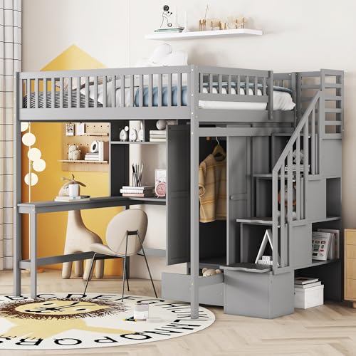 Full Size Espresso Wood Loft Bed with Wardrobe Desk Storage Stairs R45818