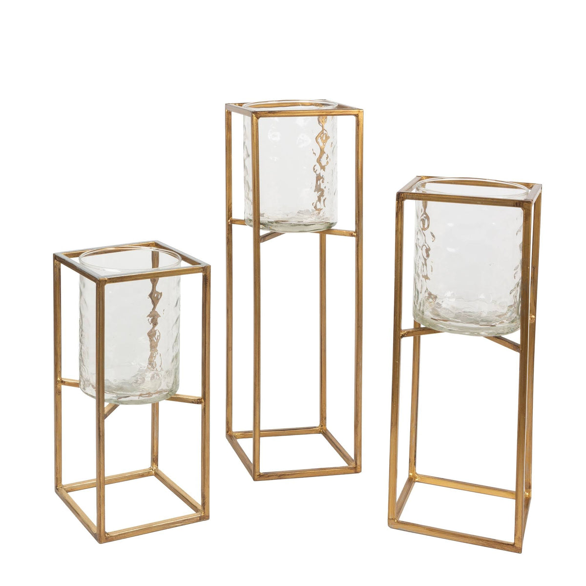 Textured Cylinder Glass and Gold Metal Candle Holder Set of 3 I776
