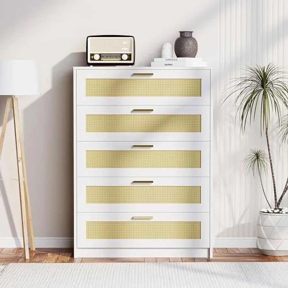 Rattan 5 Drawer White Wooden Dresser D9570