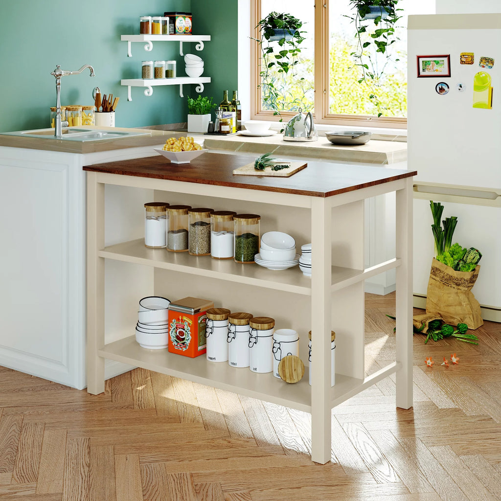 Solid Wood Kitchen Island with 2 Open Shelves K284