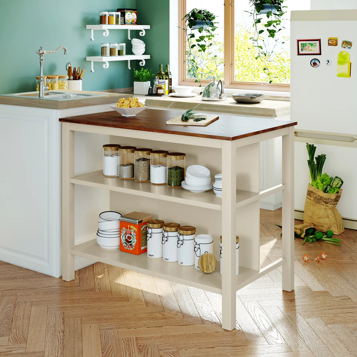 Solid Wood Kitchen Island with 2 Open Shelves K284