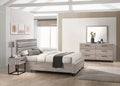 Queen Upholstered Wood Panel Bed, Dresser, Mirror, and Nightstand E2853