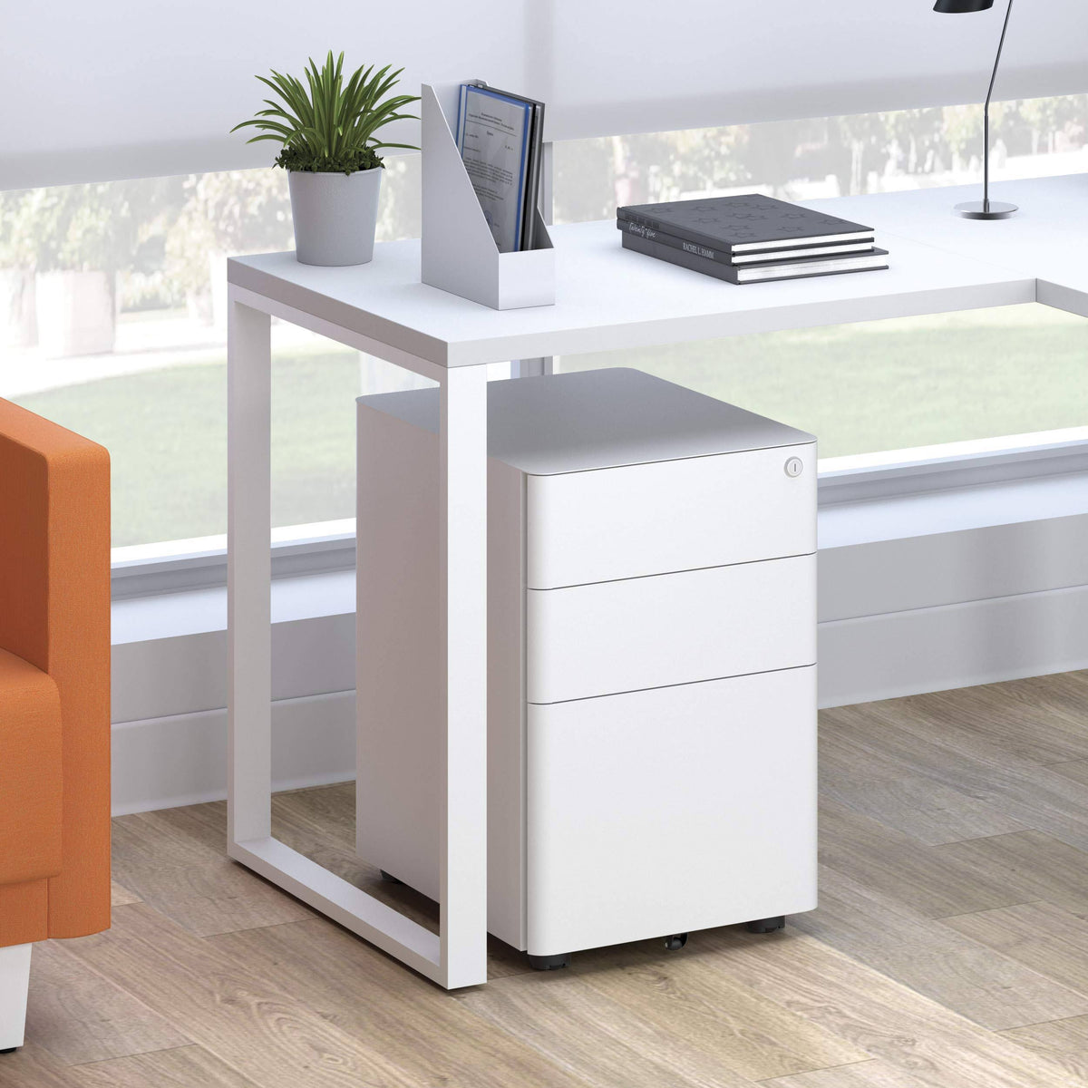 White Mobile Metal Pedestal Filing Cabinet G721359