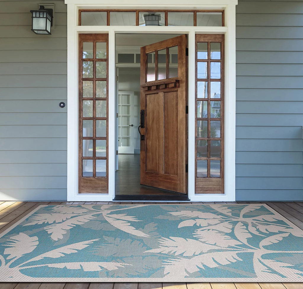 Ivory-Turquoise Blue Indoor Outdoor Area Rug 3'9" x 5'5" W558