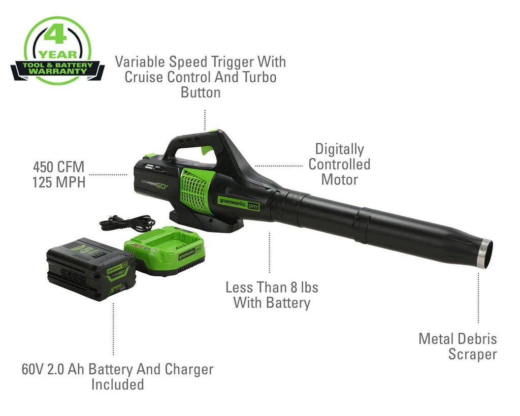 60V 450 CFM 125 Mph Cordless Leaf Blower with 2.0Ah Battery & Charger Q730