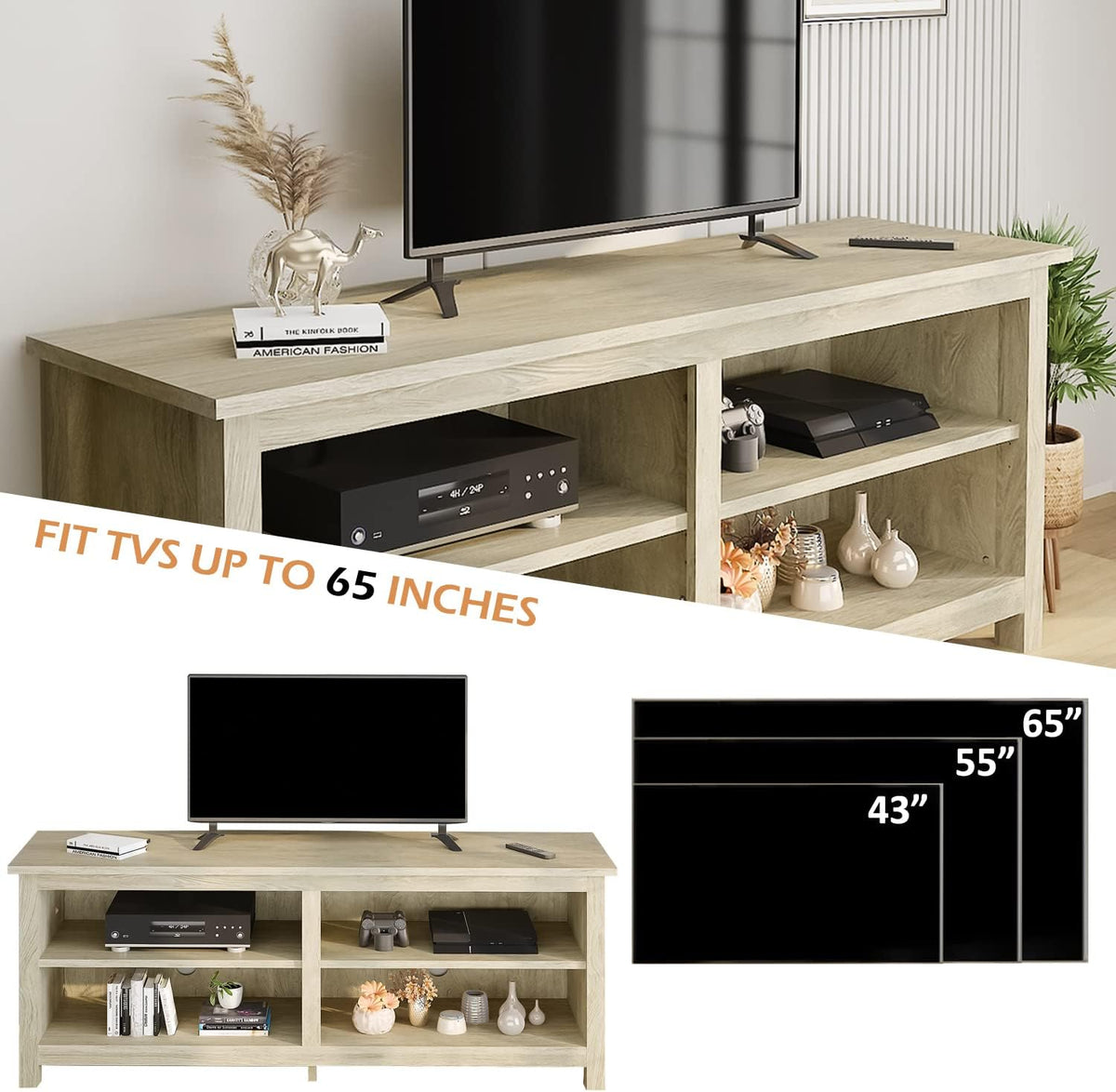 58 Modern TV Stand with 4 Open Storage Cabinets, Oak M2341