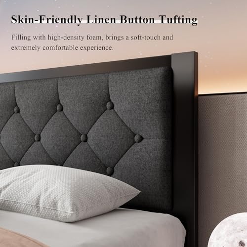 Full Size Black Metal Platform Bed Frame with Faux Leather Tufted Headboard M495250