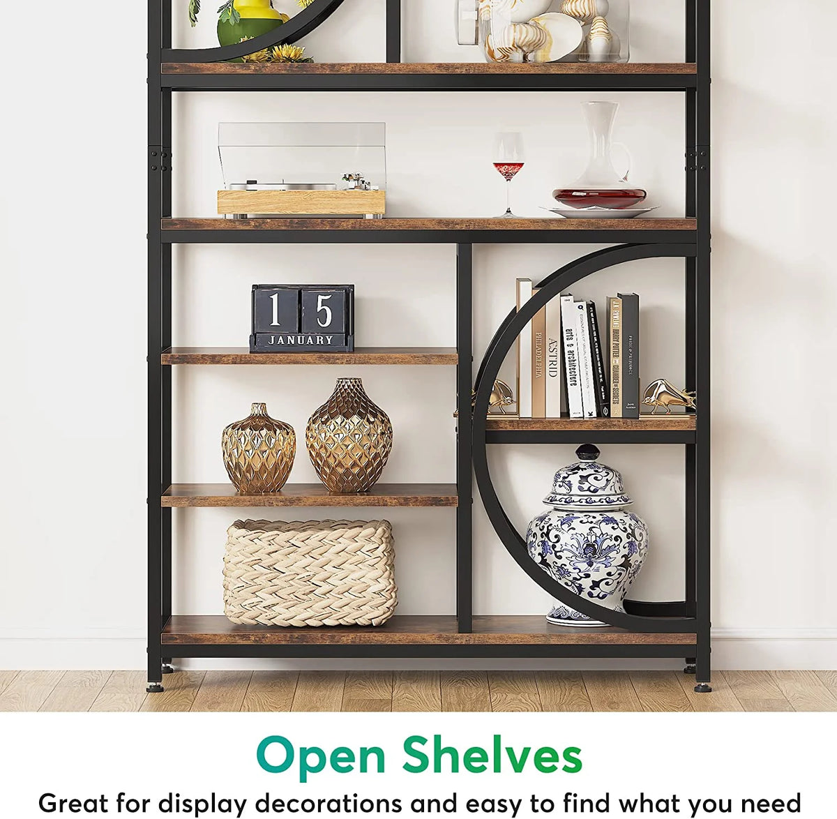 Industrial 8-Tier Wood Look Bookshelf with Metal Frame Y66975