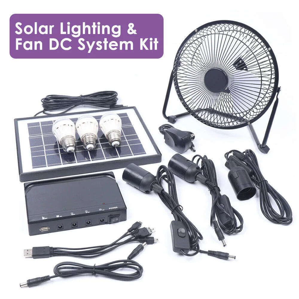 Solar Power Lighting System Kit with 3 LED Lights Fan Solar Panel V914432