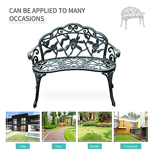 Green Cast Aluminum Metal Bench with Floral Rose Accent C900581