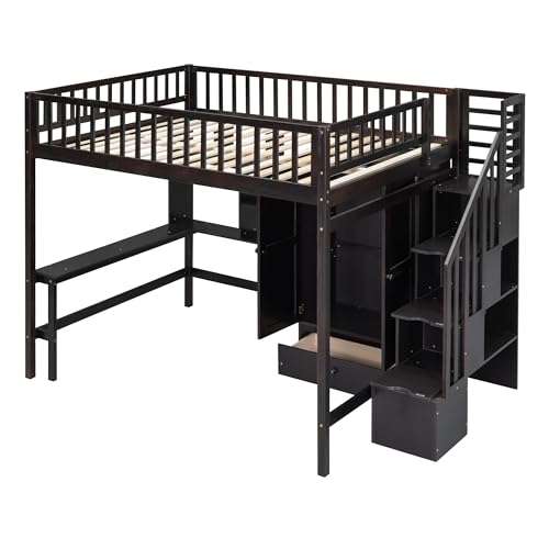 Full Size Espresso Wood Loft Bed with Wardrobe Desk Storage Stairs R45818