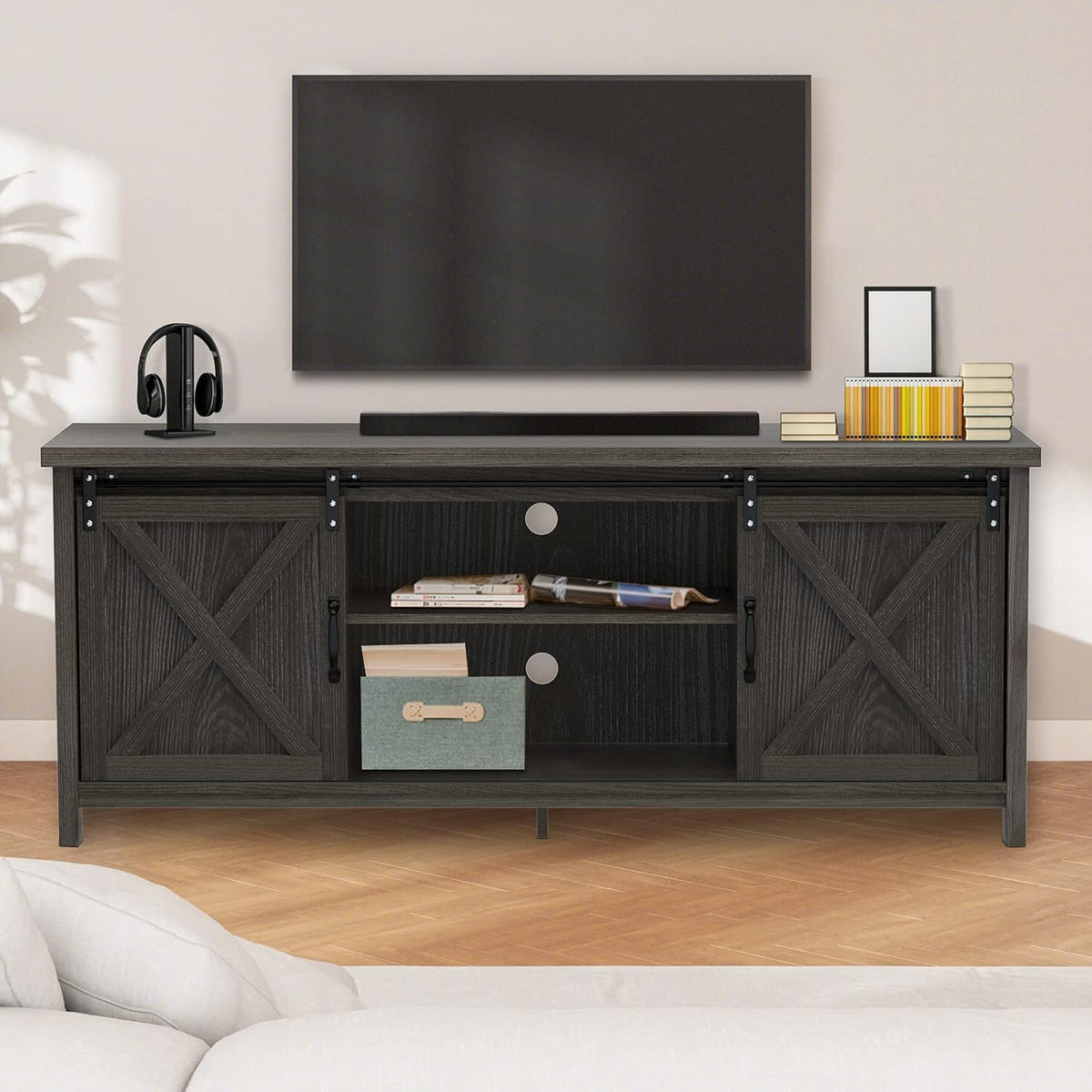 Farmhouse TV Stand with Sliding Barn Doors, Grey W707947