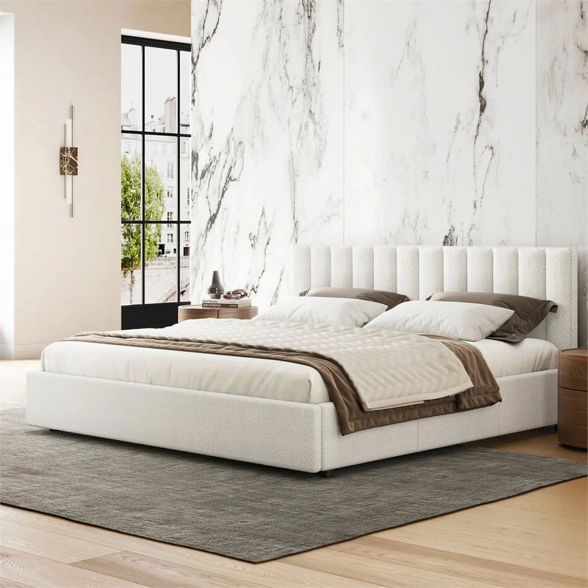 Queen Upholstered Platform Bed White Boucle Fabric M8219