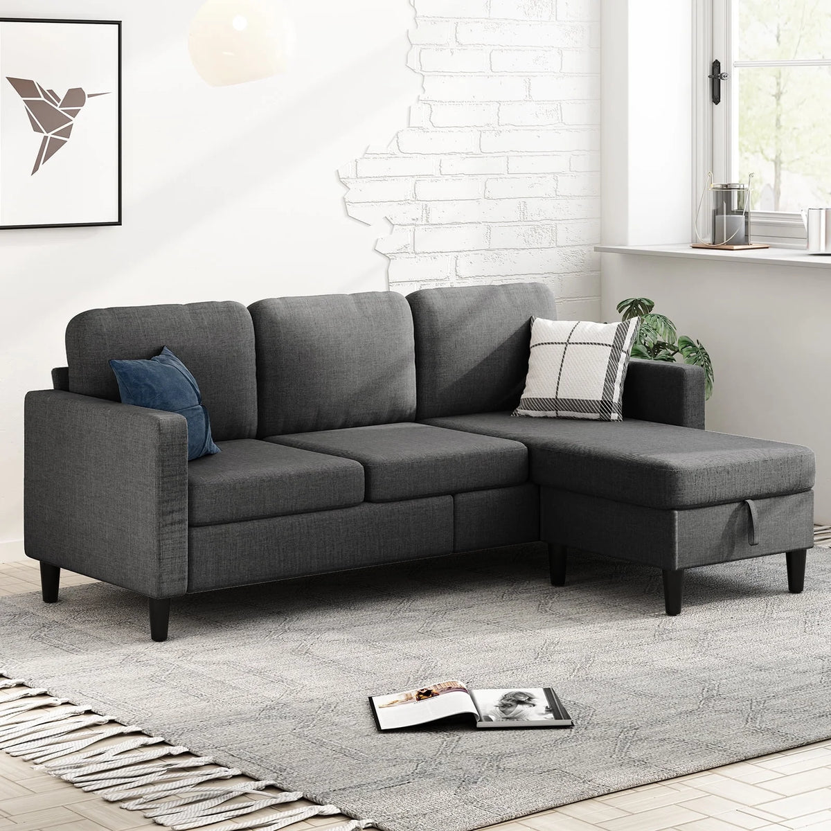 Beige Linen Sectional Sofa with Storage Ottoman L393