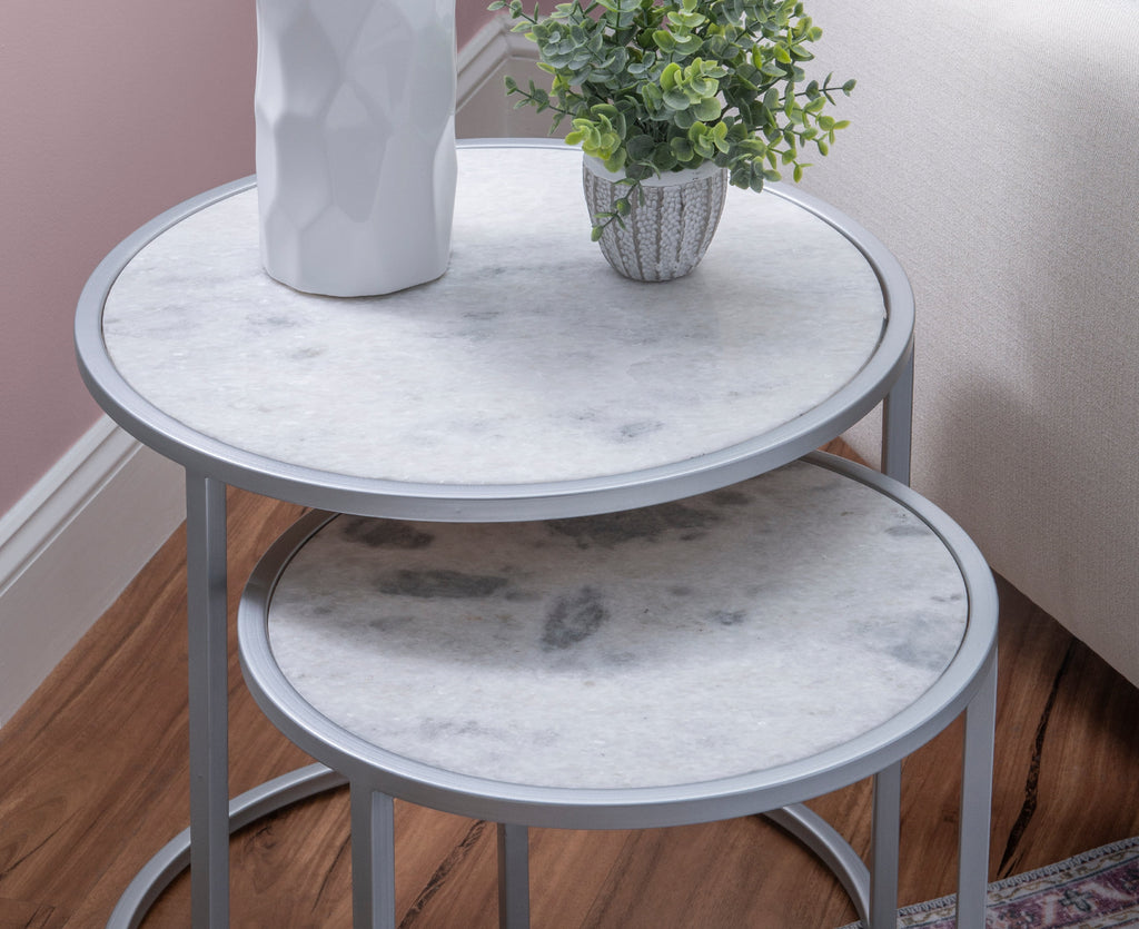 Round Nesting Tables Set of 2 Silver Metal White Marble Tops Z8016