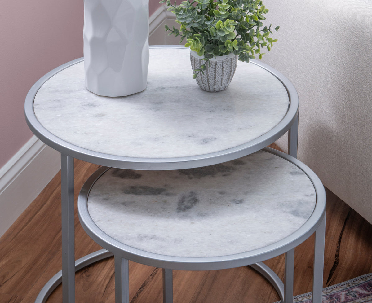 Round Nesting Tables Set of 2 Silver Metal White Marble Tops Z8016