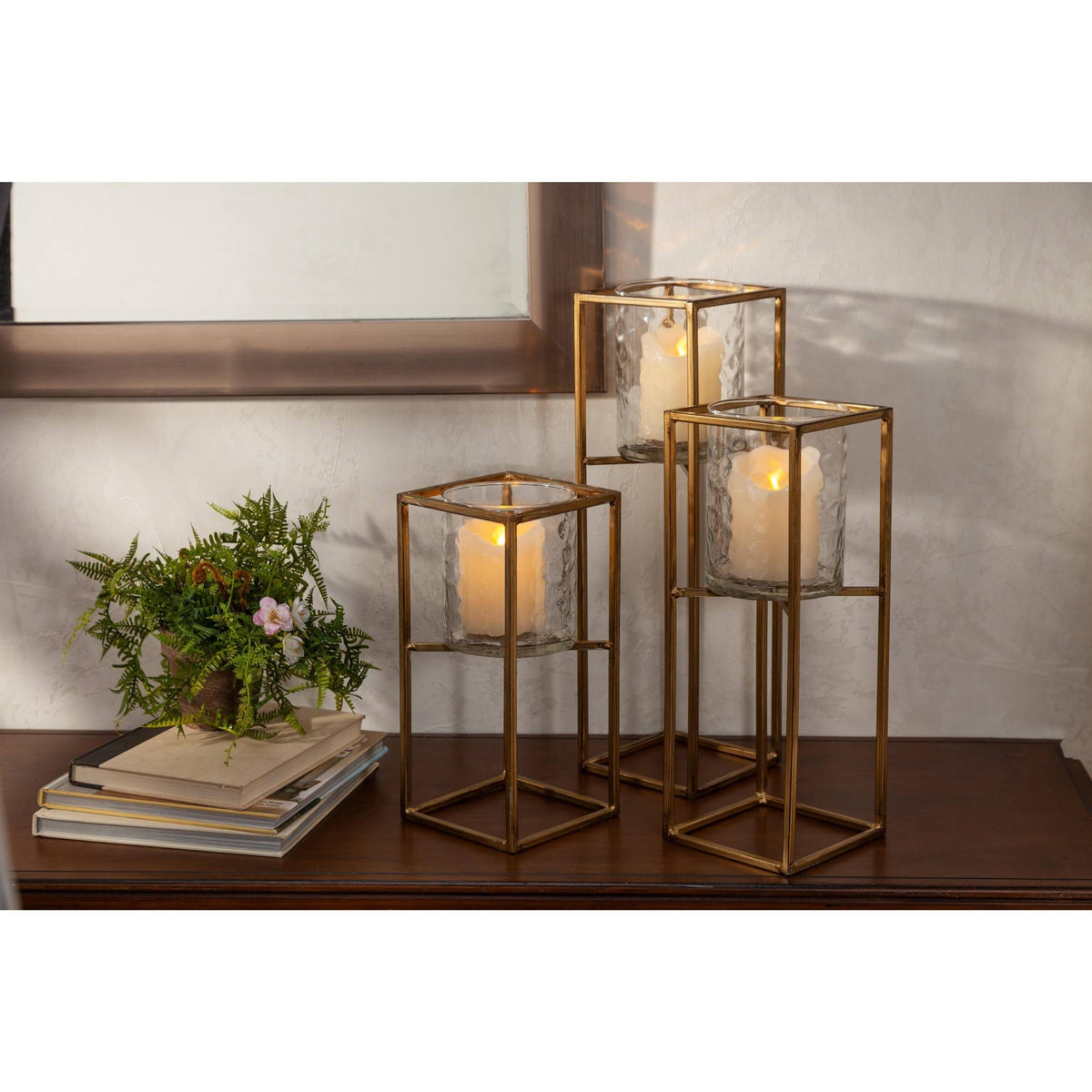 Textured Cylinder Glass and Gold Metal Candle Holder Set of 3 I776