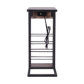 Dark Brown Wood & Metal Side Table with USB & Storage Rack V888