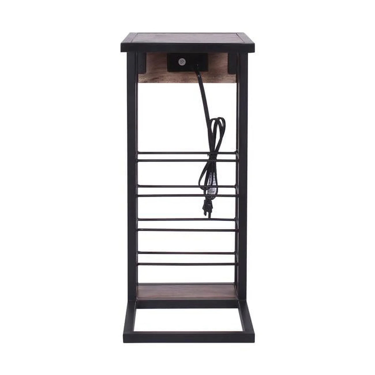 Dark Brown Wood & Metal Side Table with USB & Storage Rack V888
