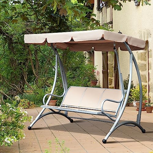 3-Seat Outdoor Porch Swing Chair with Adjustable Canopy and Steel Frame, Beige V895