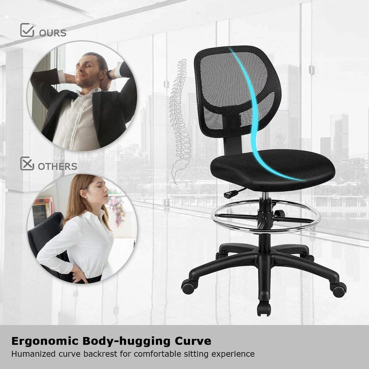 Black Mesh Drafting Chair with Footrest Ring Q8600