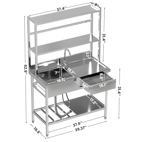 39'' Stainless Steel Single Bowl Utility Sink with Shelves P92188