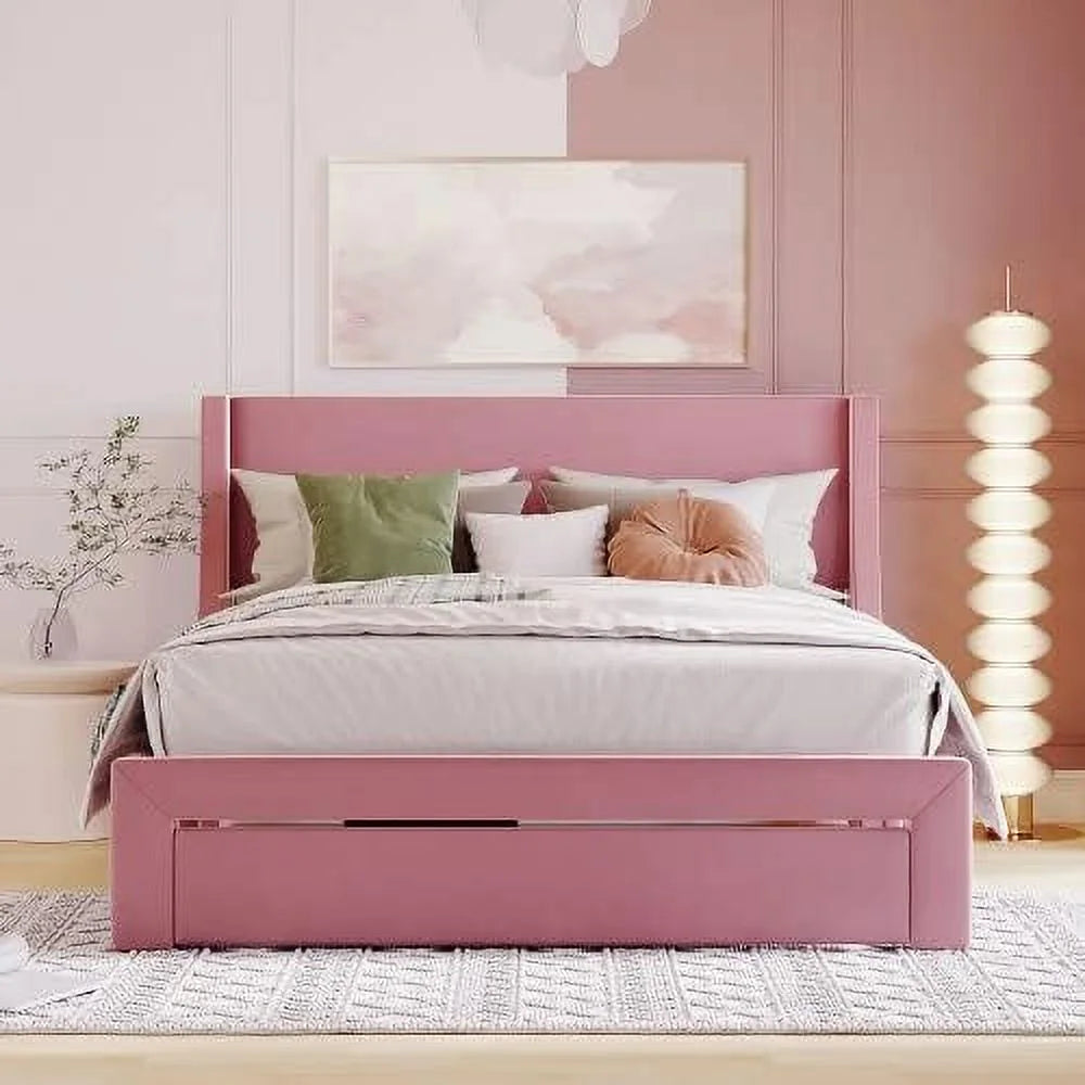 Queen Size Velvet Upholstered Storage Bed Frame with Drawer X812622