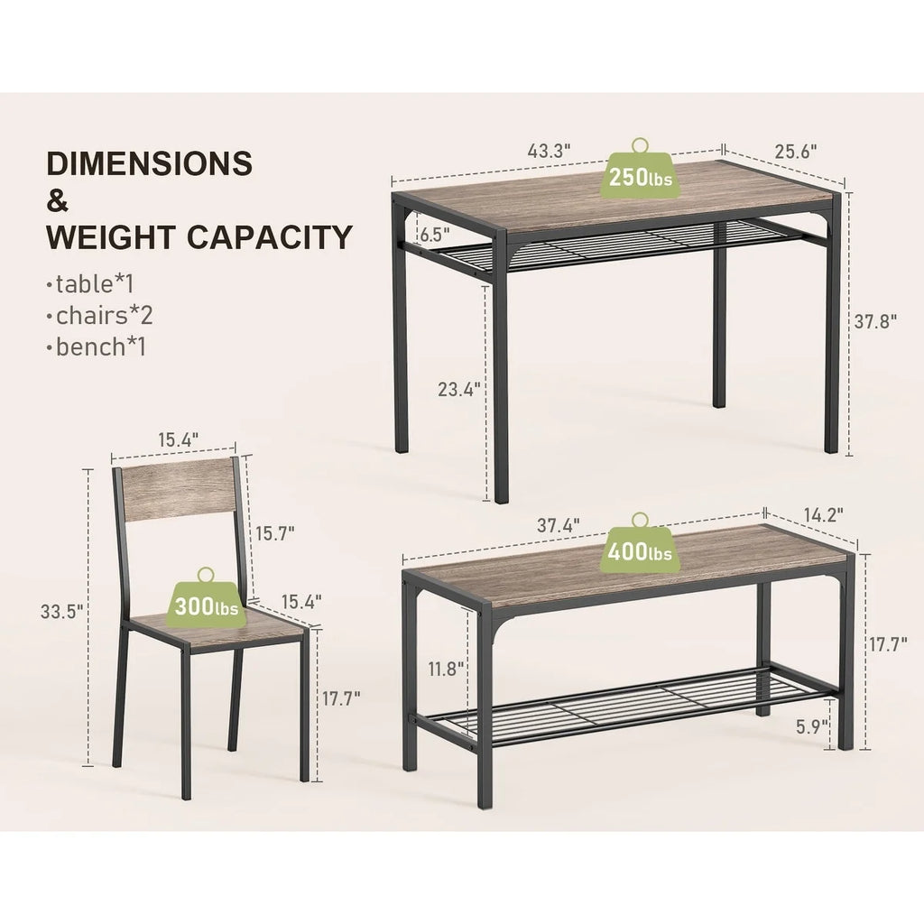 4 Piece Kitchen Dining Table with 2 Chair and Bench Grey B93770