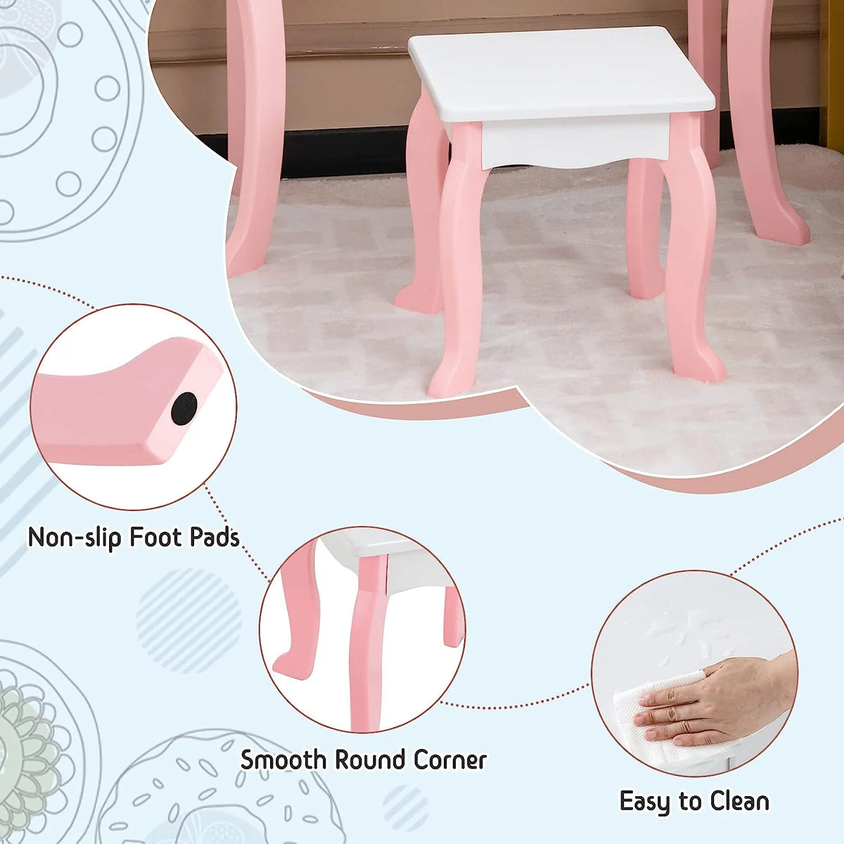 Kids Vanity Set with Mirror and Stool L515