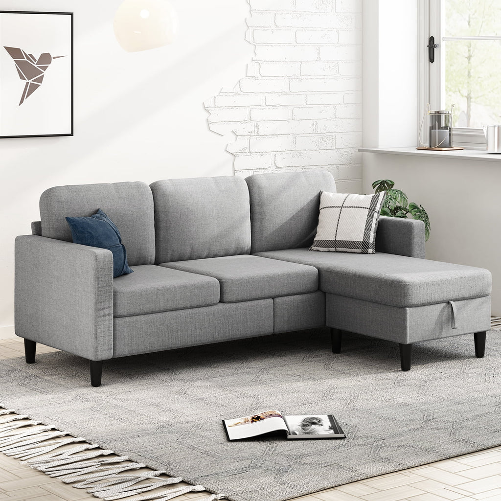 Beige Linen Sectional Sofa with Storage Ottoman L393
