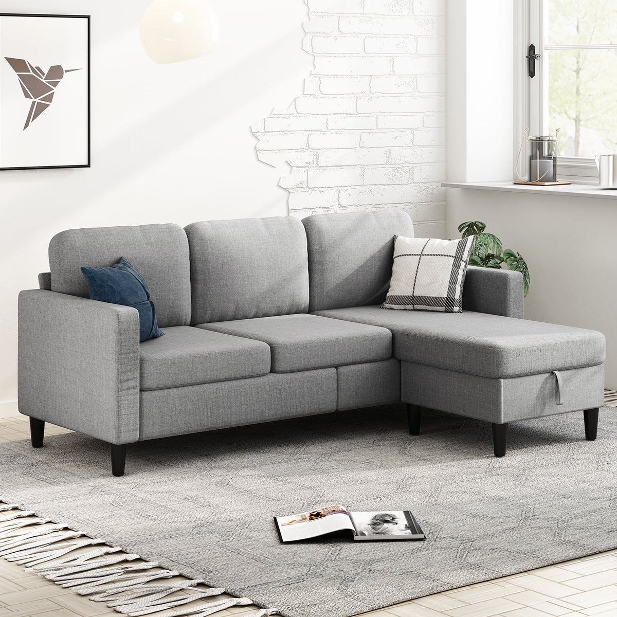 Beige Linen Sectional Sofa with Storage Ottoman L393