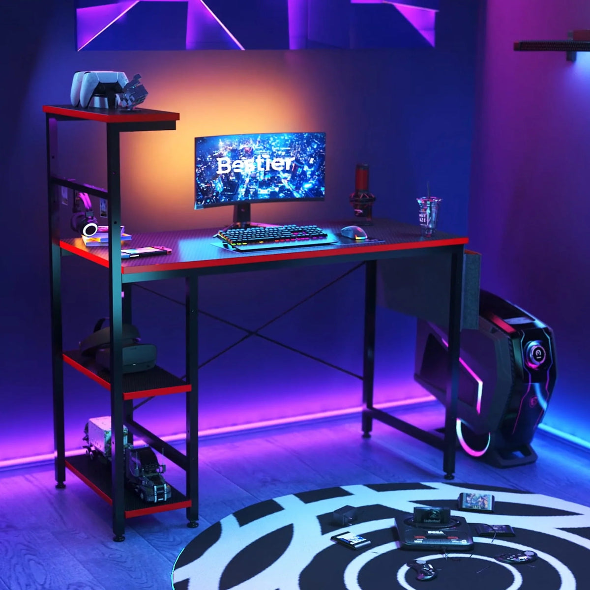 44 inch Computer Desk with LED Lights and Shelves V376