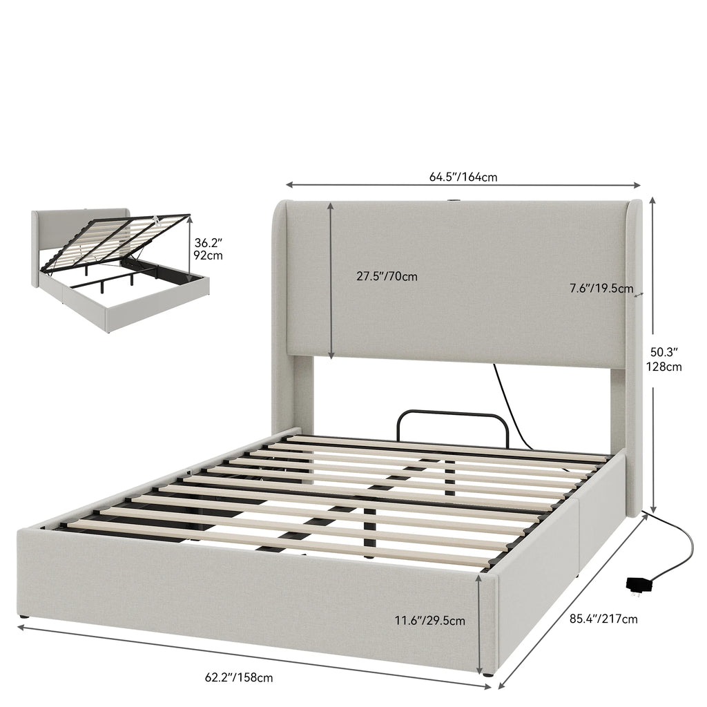 Queen Size Lift-Up Storage Bed with Charging Station and Wingback Headboard C26897