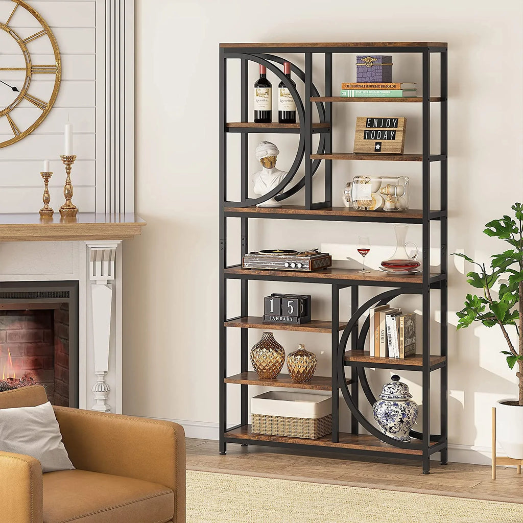 Industrial 8-Tier Wood Look Bookshelf with Metal Frame Y66975